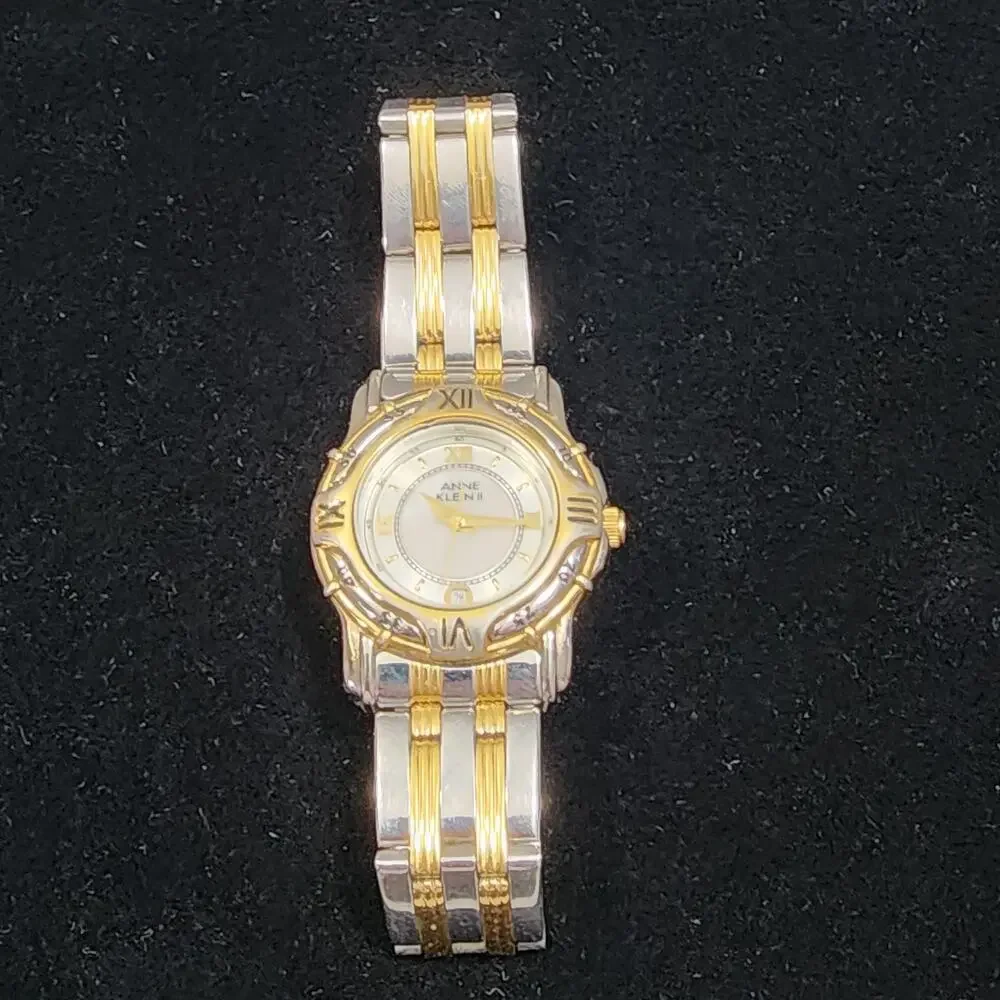 Anne Klein II Women's Quartz Date Watch Mother Of Pearl Gold-Silver Tone 1980's